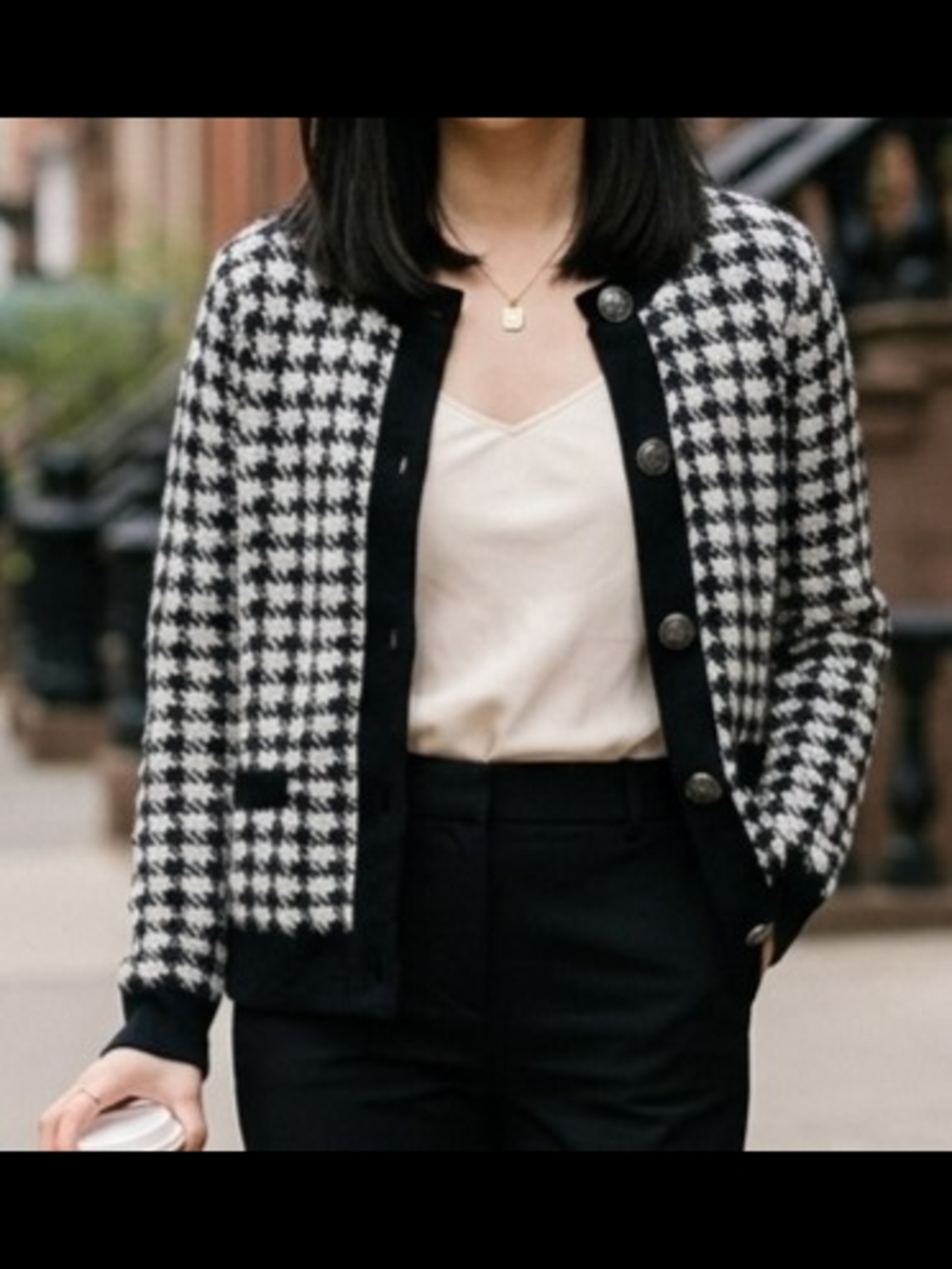 ​LOFT Houndstooth Cardigan Sweater Jacket Size Medium NWT Black White Pocket